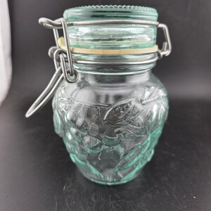 May include: A clear glass jar with a hinged lid and metal clasp. The jar has a decorative embossed pattern and a rubber seal. The lid and the jar's embossed pattern have a slight green tint. The jar is designed for preserving or storing food items.
