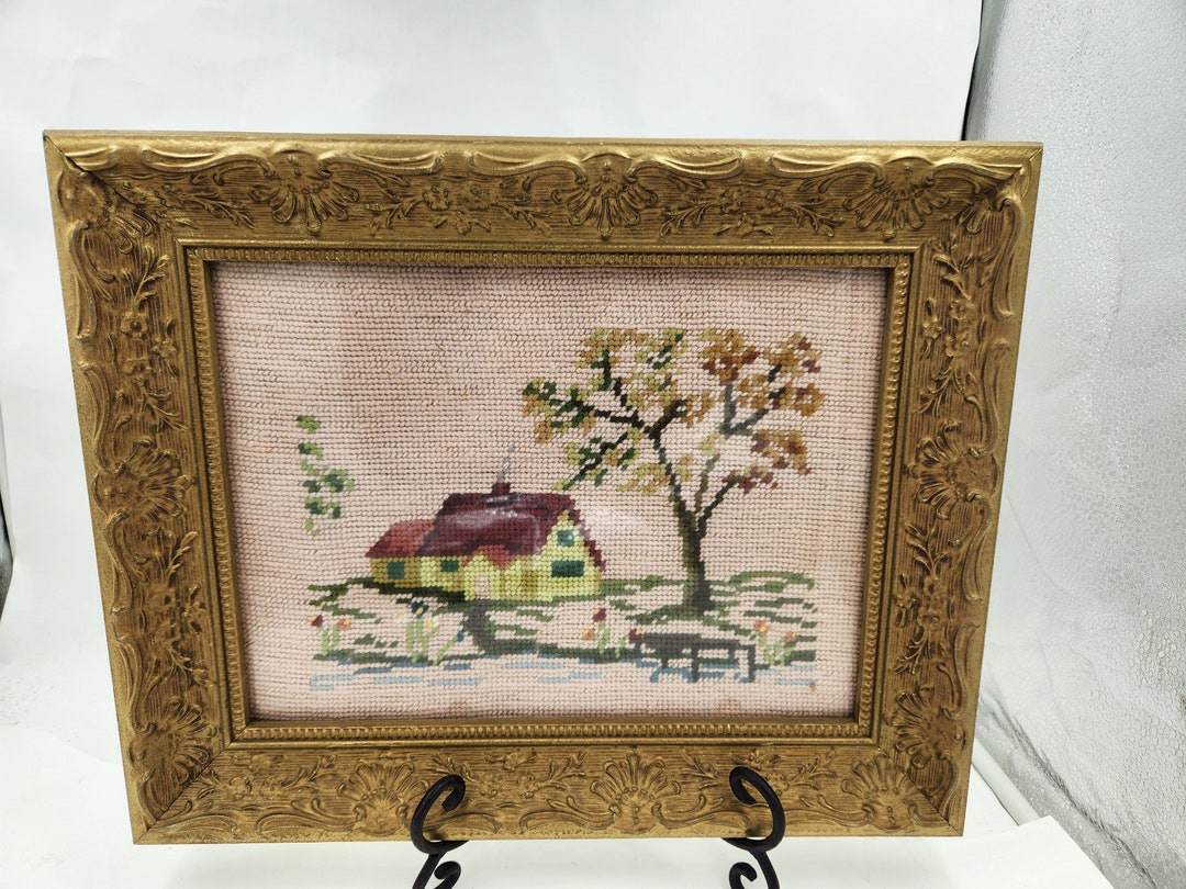 Vintage Needlepoint Picture With Gold Plastic Frame Showing a House ...