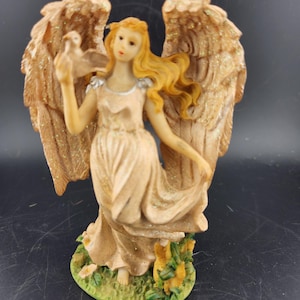 Vintage 5&quot; Christmas Figurine of an Angel Holding a Bird / Resin / Beautiful Sparkle on Wing and Dress