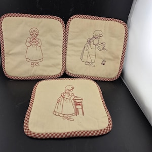 Vintage Qty of 3 Decorative Embroidery Pot Holders / Cook, Water Can, Tea - 7" x 7"