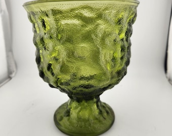 Vintage Beautiful Avocado Green Crinkle Glass Pedestal Jar / Bowl / Planter