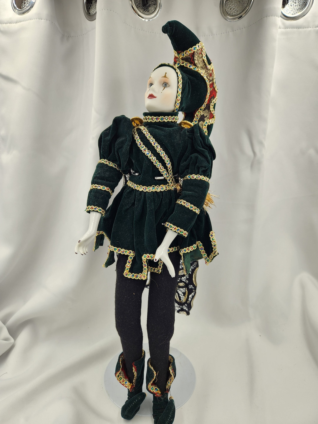 Vintage 19" Harlequin Clown Doll With Porcelain Face, Hands, Partial ...