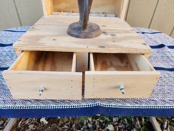 Vintage Mid Century Shoe Shine or Cobbler Station - Base 18 x 15 H-22 / 14 Cubbies / Cast Iron Shoe 14", 2 shelfs and drawers / Bar / 22 lbs View 4