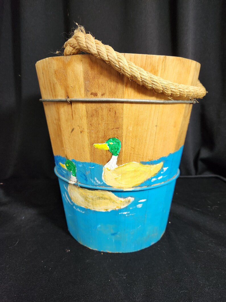 Vintage Wooden Bucket With Rope Handle - Pond Scene With Floating Ducks ...