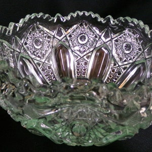 Vintage Cut Glass Bowl with Etched Design and Scalloped Edge  Green Tint - VERY Beautiful  8.5&quot; Diameter    4&quot; Deep