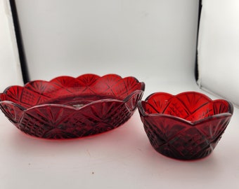 Vintage Set of 2 Deep Red Textured Lead Crystal China Bowls / Hand Crafted / Shannon Designs of Ireland  3" & 8" Diameter x 1.5" High