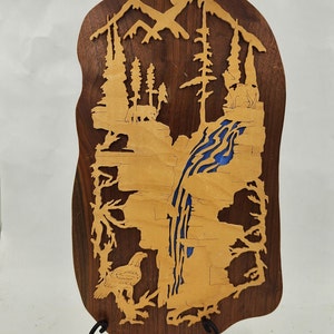 Vintage Rustic Mountain Scene Sign - Carved Wooden Inlay - featuring eagle, bear, wolf and stream - Height 17.5&quot; and Width 10&quot;