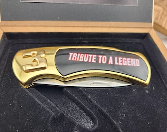 Vintage Collector Folding Pocket Knife Nascar 3 Car Dale Earnhardt Tribute To A Legend / Lives On - Wooden box with scratches
