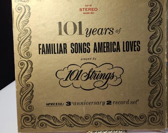 Vintage LP Record Album Box holding Qty 2 Size 33 RPM / 101 Years of Familiar Songs America Loves by Strings / 1960 / See below for notes
