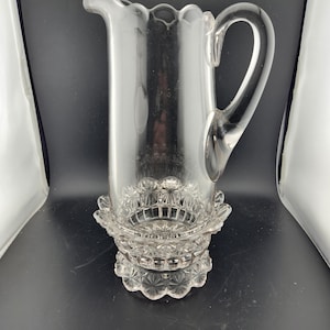 Vintage Clear Glass Pitcher with Handle 11&quot; Tall.  Scalloped top edge and Unusual patterned  bottom - Unique and beautiful