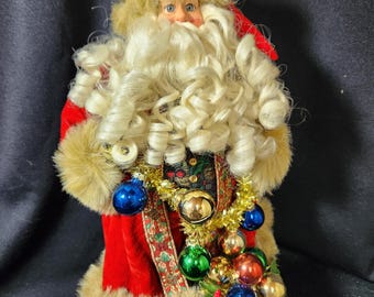 Vintage Christmas Santa Claus Doll holding plastic ornaments with a sack full of decorations - porcelain face - 16" - North Pole Express