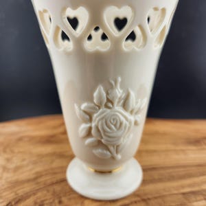 Vintage 4.25&quot; Tall Ivory Porcelain Vase from Lenox -Gold gilt edge with pierced heart design
