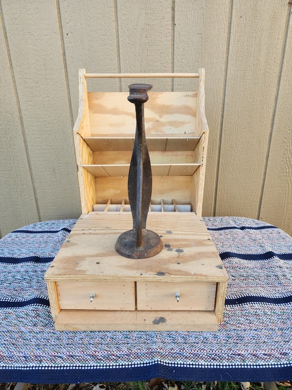 Vintage Mid Century Shoe Shine or Cobbler Station - Base 18 x 15 H-22 / 14 Cubbies / Cast Iron Shoe 14", 2 shelfs and drawers / Bar / 22 lbs