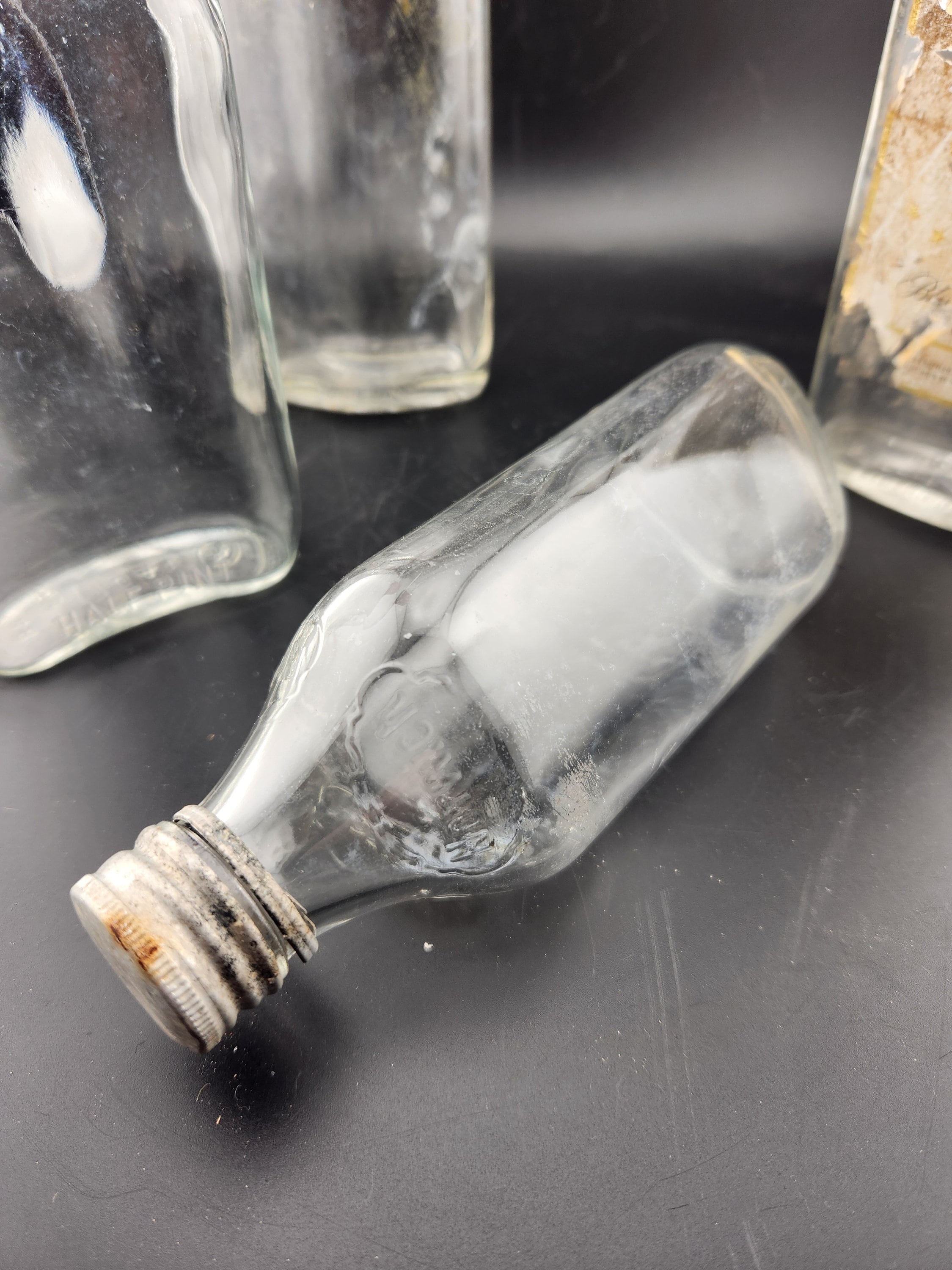 Vintage Set of 4 Clear Glass EMPTY Bottles with Screw Top