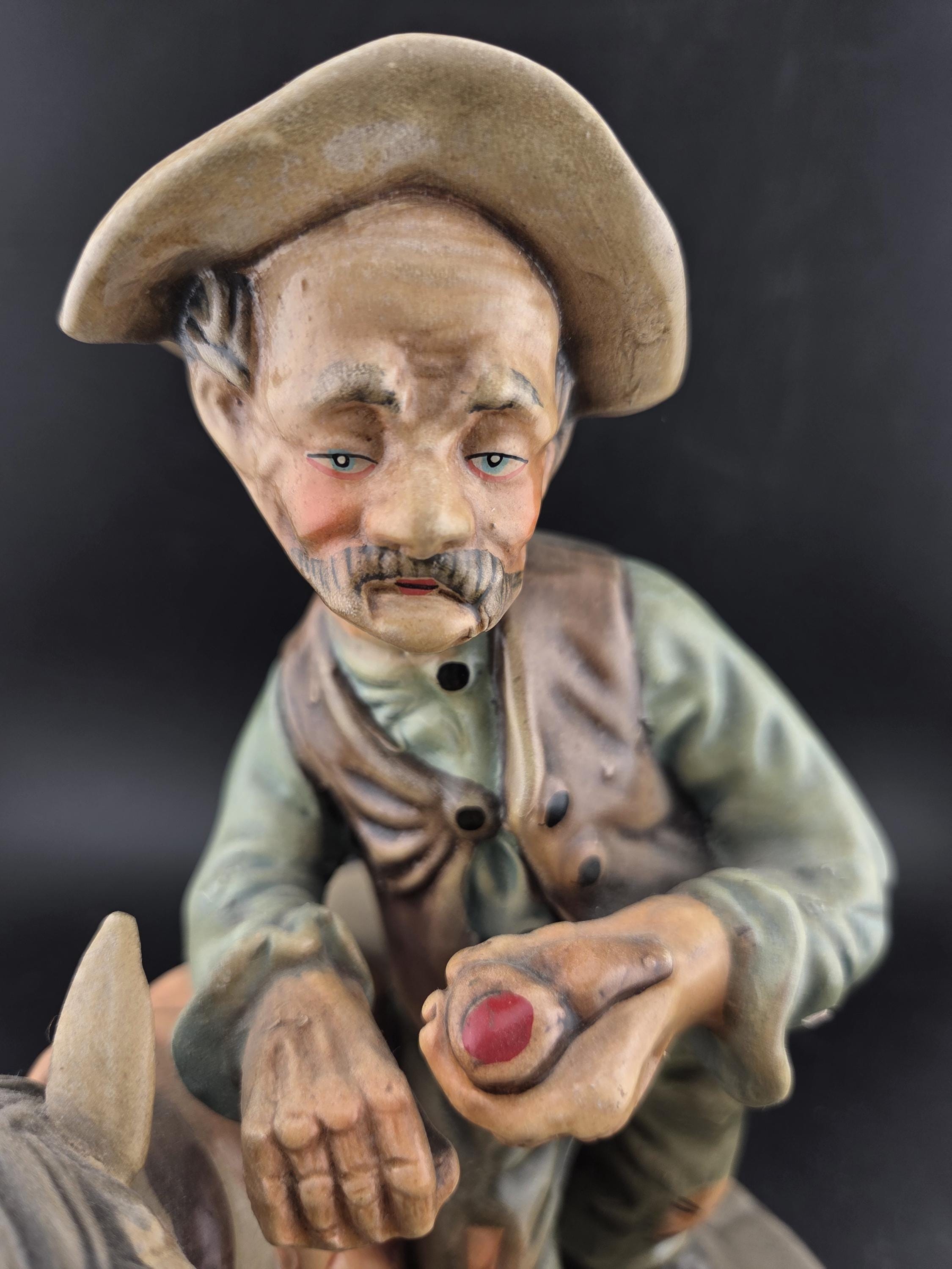 Vintage Capodimonte Style Porcelain Old Man Figurine With a Donkey