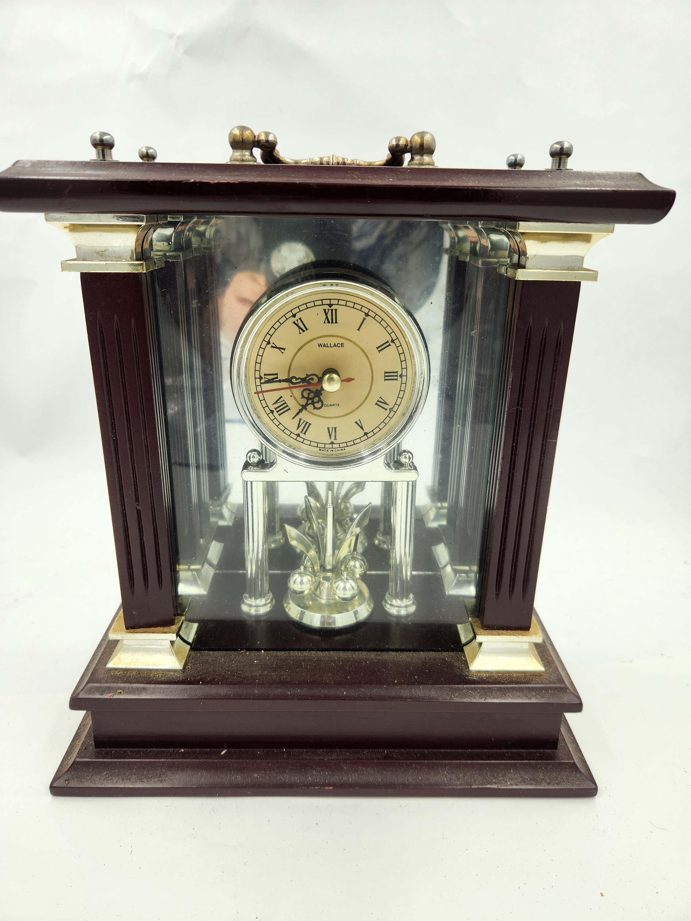 Vintage Battery Operated Wallace Quartz Mahogany Carriage Style Mantle Clock - Works well - Back mirror intact