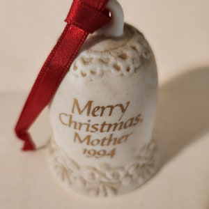 Vintage 3&quot; Ceramic Christmas Ornament  Bell - Says Merry Christmas Mother 1994