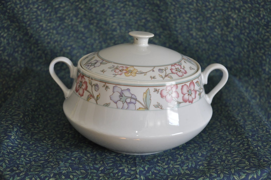 Vintage Lynns Fine China Floral Soup Bowl 2 Handle Pot With Lid