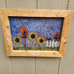 Vintage Wall Art depicting sunflowers, fence, bird, birdhouse / Acrylic Paint on Canvas with a unique wooden frame / 17&quot; x 13&quot;