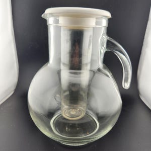 Vintage Clear Glass Pitcher with Plastic Ice Insert and Lid / Handle / 8.5&quot; Tall / Great for water, ice tea, lemonade / perfect for bedside