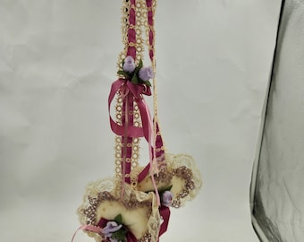 Vintage 30" Door Knob Hanging featuring 2 stuffed 5" heart pillows attached to ribbon and lace / Drape over a doorknob