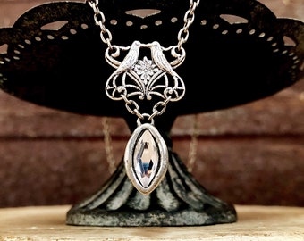 Art Nouveau necklace, Swarovski Crystal necklace, silver necklace, bird necklace, lovebirds, romantic gift, gift for her, filigree necklace