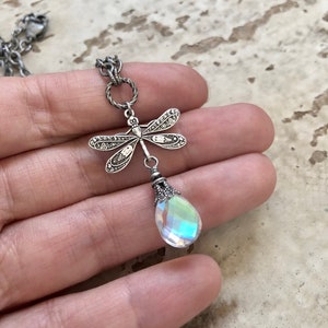 Dragonfly necklace, mystic quartz, rainbow quartz, silver necklace, Victorian jewelry, cottage core