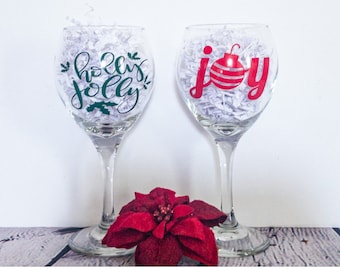 Christmas Wine Glasses, Holiday Drinkware, Holly Jolly/Joy Wine Glasses, Fun Kitchen, Cute Holiday Bar Ware