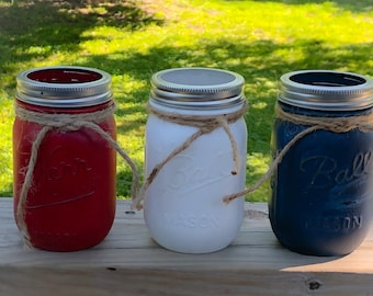 Patriotic Mason Jar Vases - Fourth of July - Summer Table Decor - Red, White, and Blue - Set of Three