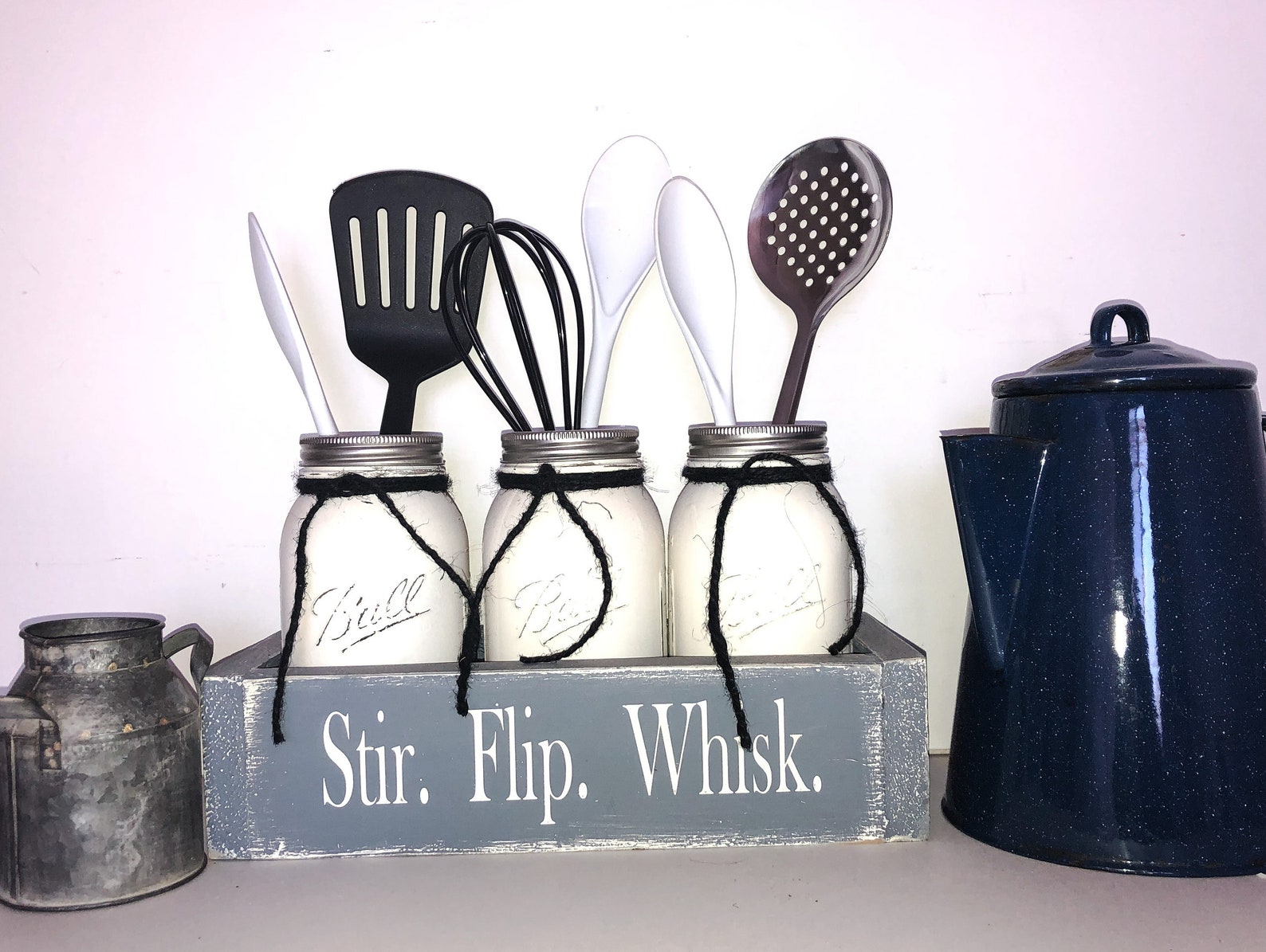 Rustic Kitchen Utensil Holder With Mason Jars Modern Etsy