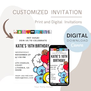 Invitación de cumpleaños personalizada de BTS 21: celebración de cumpleaños de BTS editable / 5x7 / ejército de BTS, Kpop / tarjeta de BTS, invitaciones impresas y digitales