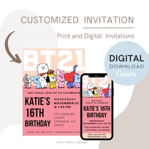 Benutzerdefinierte BTS 21 PinkBirthday Einladung - Bearbeitbare BTS-Geburtstagsfeier | 13x18 | BTS Armee, Kpop | bts Karte, print & digitale Einladungen