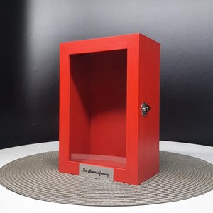 May include: Red wooden shadow box with a glass front and a silver plaque that reads "The Moominfamily".