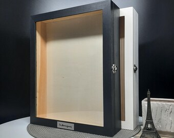 May include: A black shadow box with a glass front and a wooden frame. The box has a silver latch and a silver plaque with the text "The Mooney Family".