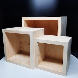Set of 3 Floating Cube Shelves for Apartment, Book Shelves for Wall, Farmhouse Hanging Bathroom Decor, Minimalist Home Decor, Unpainted Pine