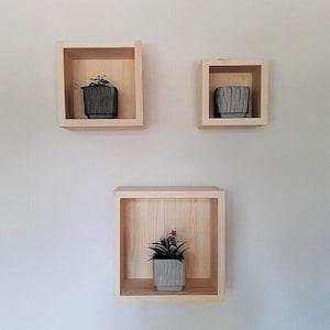Set of 3 Floating Cube Shelves for Apartment, Book Shelves for Wall, Farmhouse Hanging Bathroom Decor, Minimalist Home Decor, Unpainted Pine