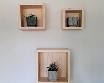 Set of 3 Floating Cube Shelves for Apartment, Book Shelves for Wall, Farmhouse Hanging Bathroom Decor, Minimalist Home Decor, Unpainted Pine