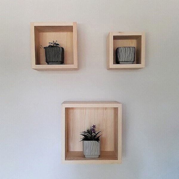 Set of 3 Floating Cube Shelves for Apartment, Book Shelves for Wall, Farmhouse Hanging Bathroom Decor, Minimalist Home Decor, Unpainted Pine