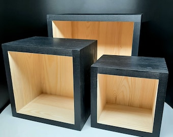 Set of 3 Deep Floating Modern Cube Shelves for Wall, Hanging Book Shelves for Living Room, Bathroom Shelf Decor, Minimalist Apartment, Plain