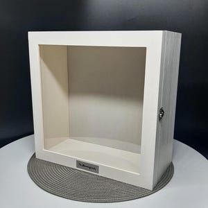 May include: A white wooden shadow box with a rectangular opening. The box has a hinged door with a small metal clasp. The text "The Mooninfamily" is on a small metal plate on the bottom.