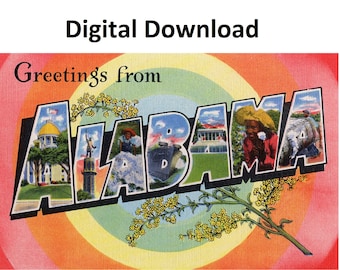 Vintage Alabama Postcard: 1930s-40s Large Letter Souvenir (Digital Download)