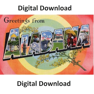 Saluti dall'Alabama Cartolina d'epoca - Download stampabile digitale - Grande grande lettera antica degli anni '30 e '40 Immagine Ricordo Vecchia cartolina AL