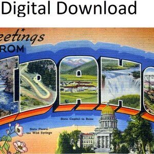 Grüße aus Idaho, Vintage-Postkarte, Stil Nr. 2 – digitaler Download – großer Brief, antikes Art-Deco-Bild, alte Souvenir-Postkarte