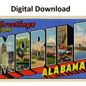 Saluti dal cellulare Alabama Vintage Postcard - Download stampabile digitale - Lettera grande antica degli anni '30 e '40 Immagine Vecchia cartolina souvenir