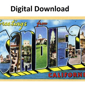 Saudações de San Diego, Califórnia, cartão postal vintage estilo # 2 - download digital para impressão, letra grande, imagem antiga, cartão postal art déco antigo