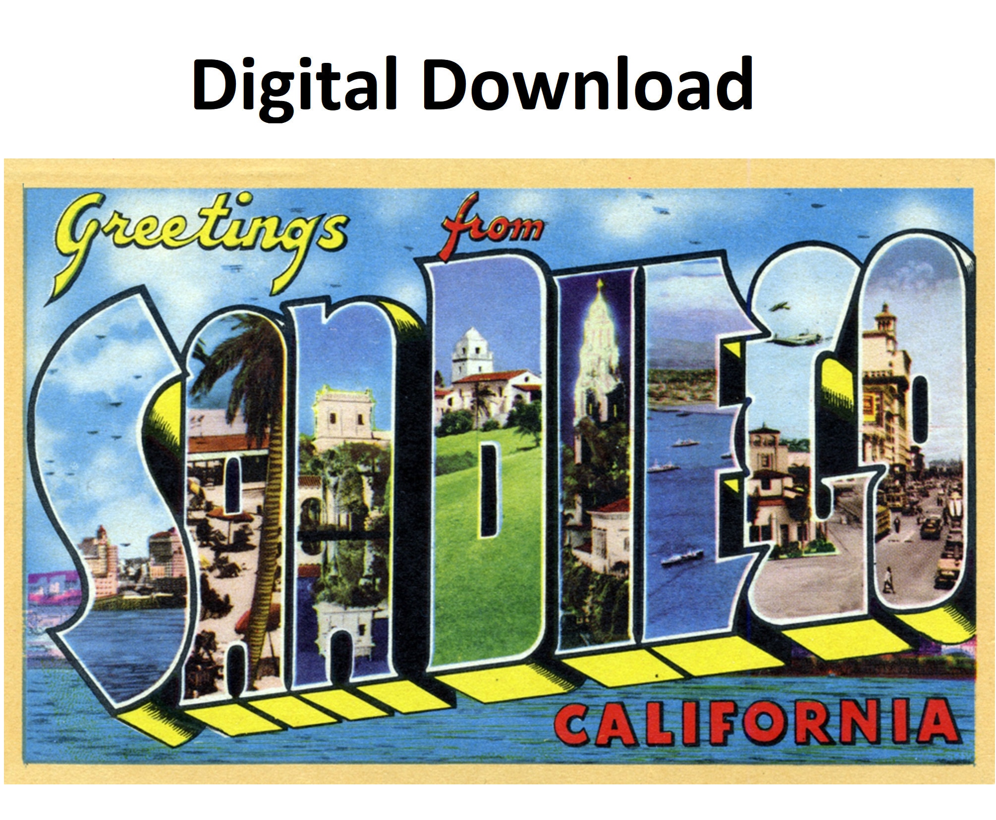 Greetings From San Diego California Vintage Postcard Style 2 Digital