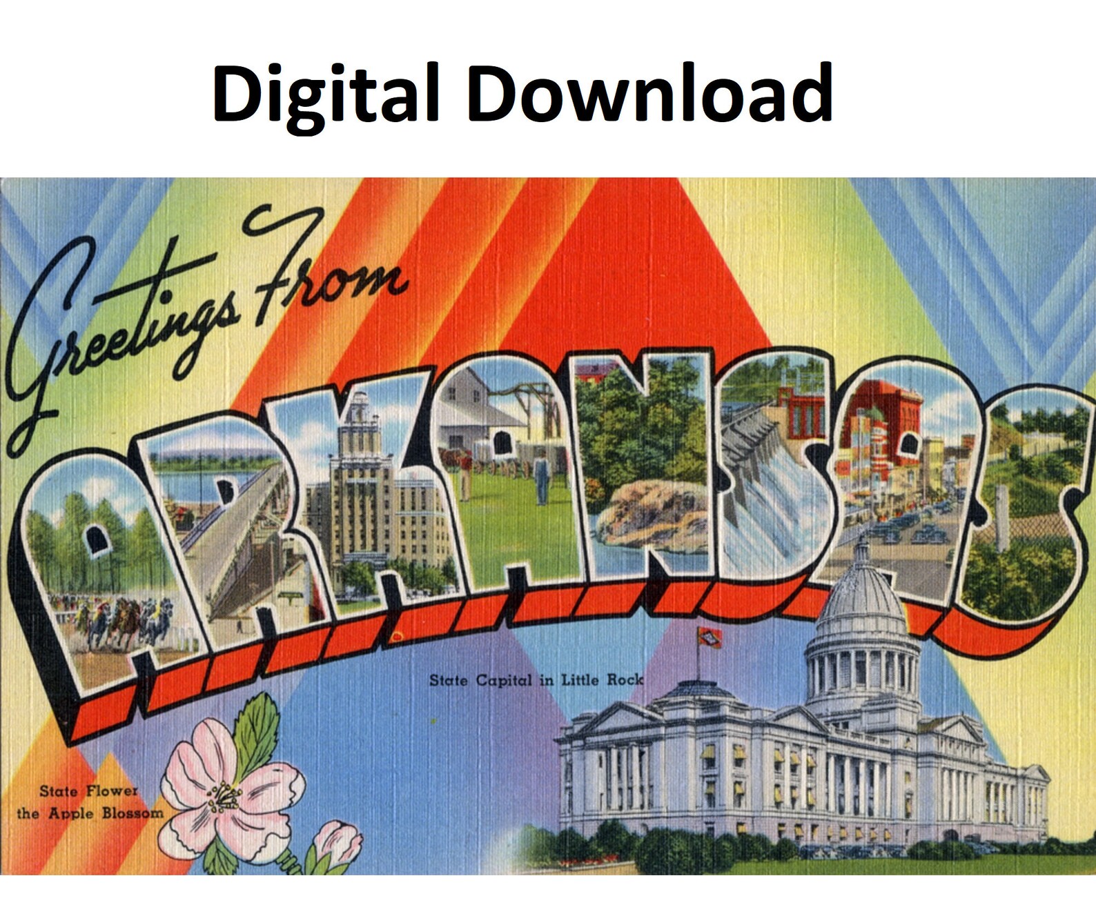 Greetings From Arkansas Vintage Postcard Style 3 Digital Printable Download Large Letter Antique