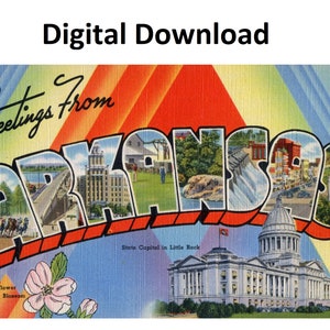 Grüße aus Arkansas Vintage-Postkarte Stil #3 – Digitaler Download zum Ausdrucken – Großer Brief, antikes Bild aus den 1930er- und 40er-Jahren, alte Souvenir-Postkarte