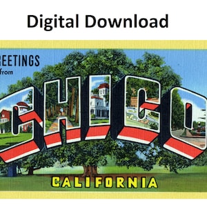 Grüße aus Chico, Kalifornien, Vintage-Postkarte – digitaler Download zum Ausdrucken – großer Buchstabe, antikes 30er-40er-Jahre-Bild, alte Souvenir-Postkarte