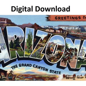 Grüße aus Arizona, Vintage-Postkarte, Stil Nr. 4, digitaler Download, großer Brief, antikes Bild aus den 1930er- und 1940er-Jahren, alte Souvenir-Postkarte